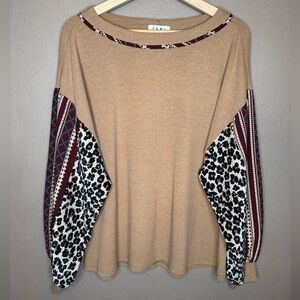 THML Anthropologie Brown Cheetah Print & Geo Print Patchwork Long Sleeve Medium